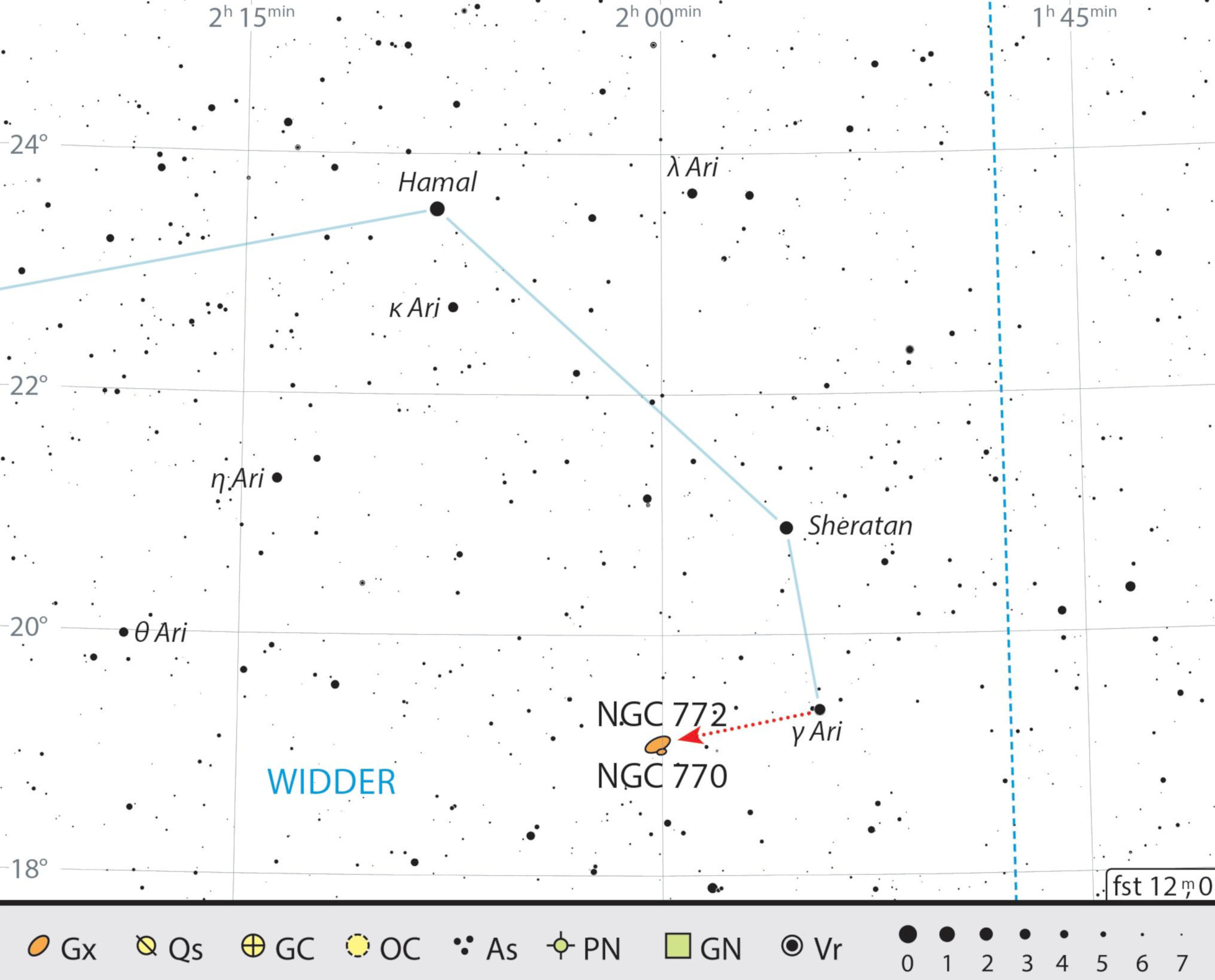 Mapa estelar de NGC 772 en la constelación de Aries. J. Scholten