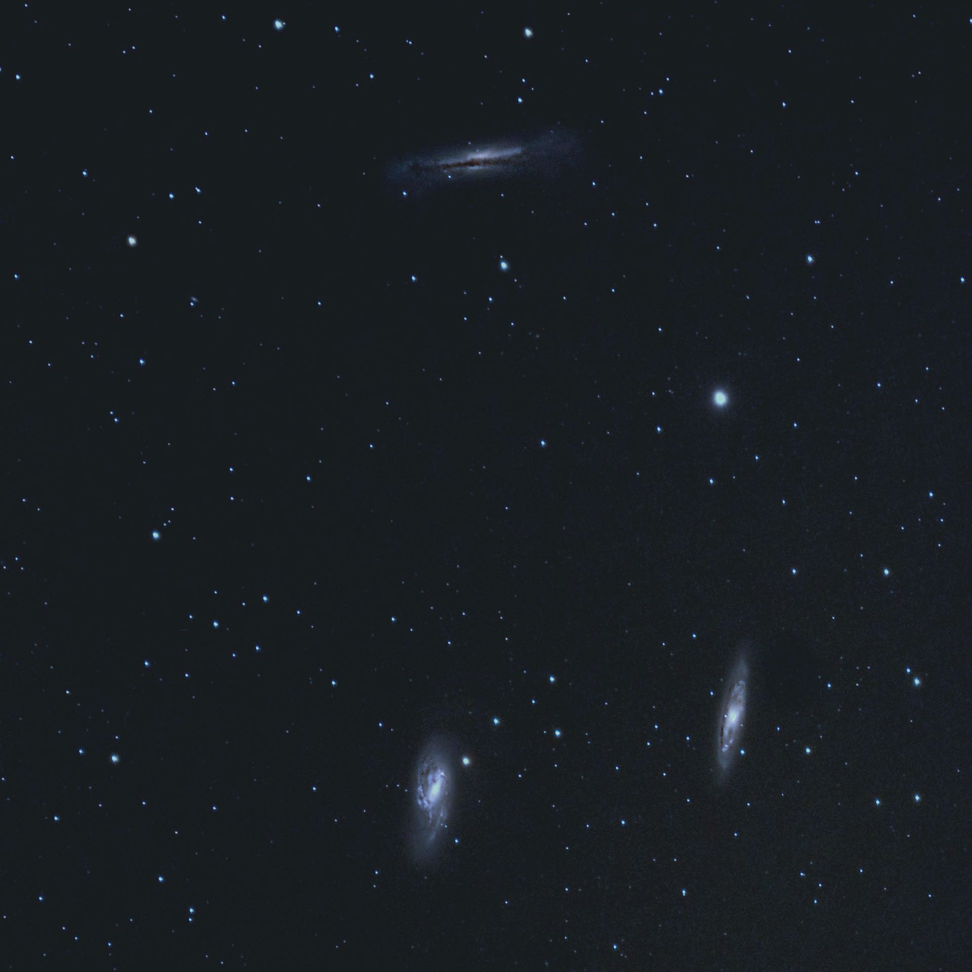 Dos objetos destacados y un reto: M66 (abajo a la izquierda), M65 y NGC 3628 (arriba). H. Fischer