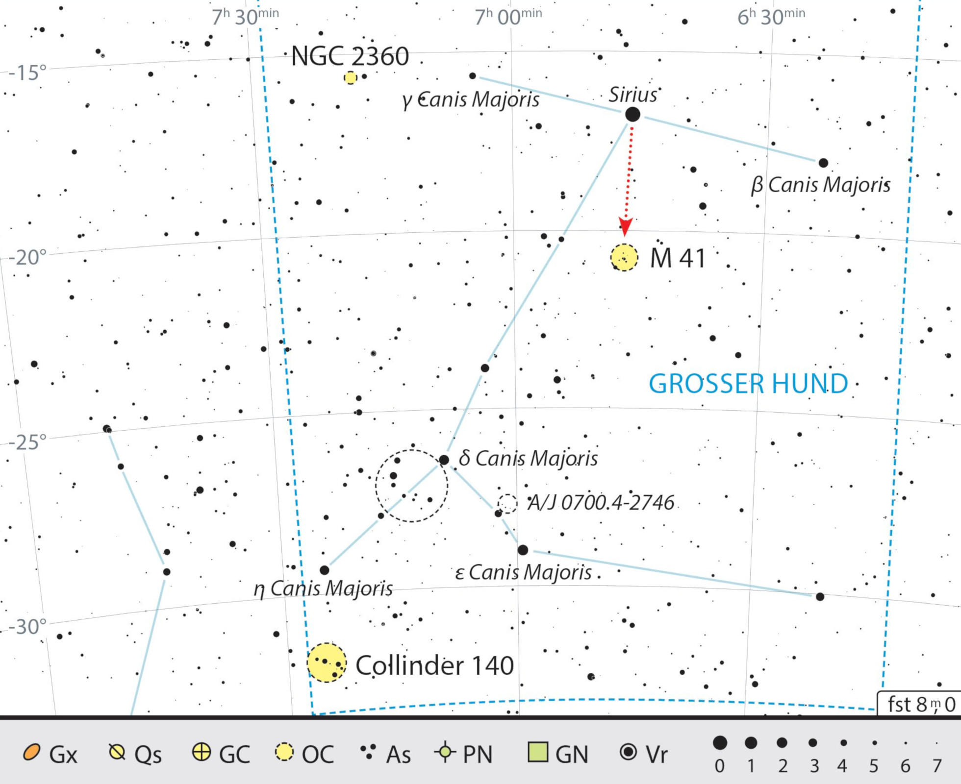 Mapa de los objetos observables con binoculares en la constelación del Can Mayor. J. Scholten