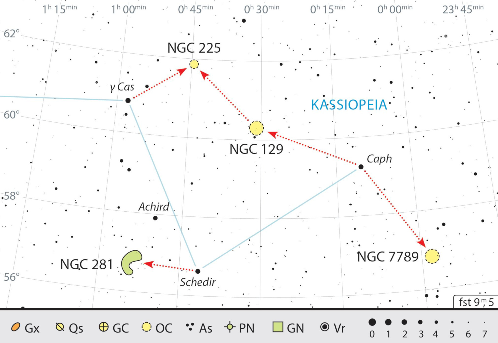 Esta vez, nuestro recorrido nos llevará a lo largo de una cadena de cúmulos estelares. La nebulosa NGC 281 es particularmente desafiante. J. Scholten