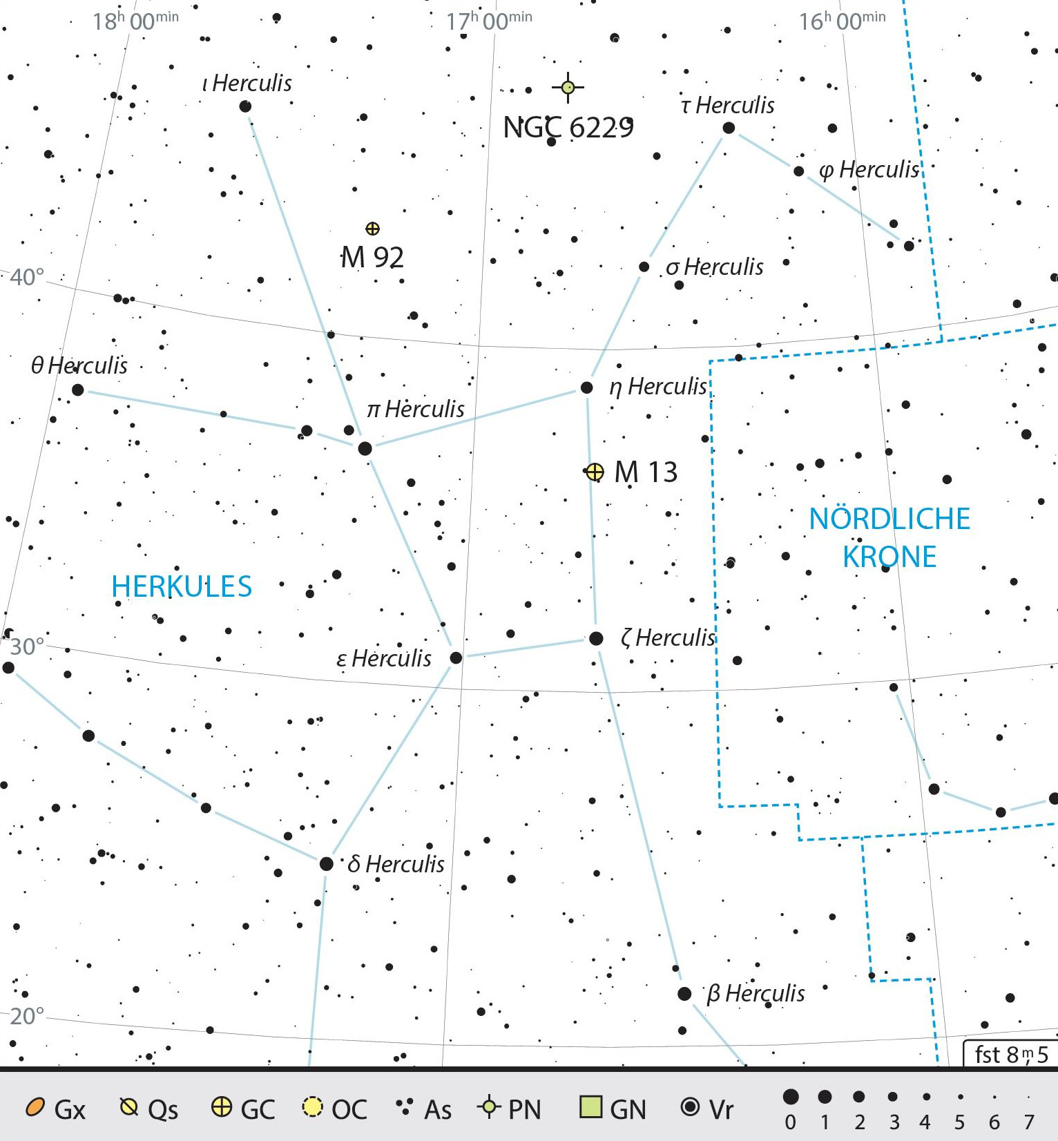 Mapa de la constelación de Hércules con consejos de observación. J. Scholten