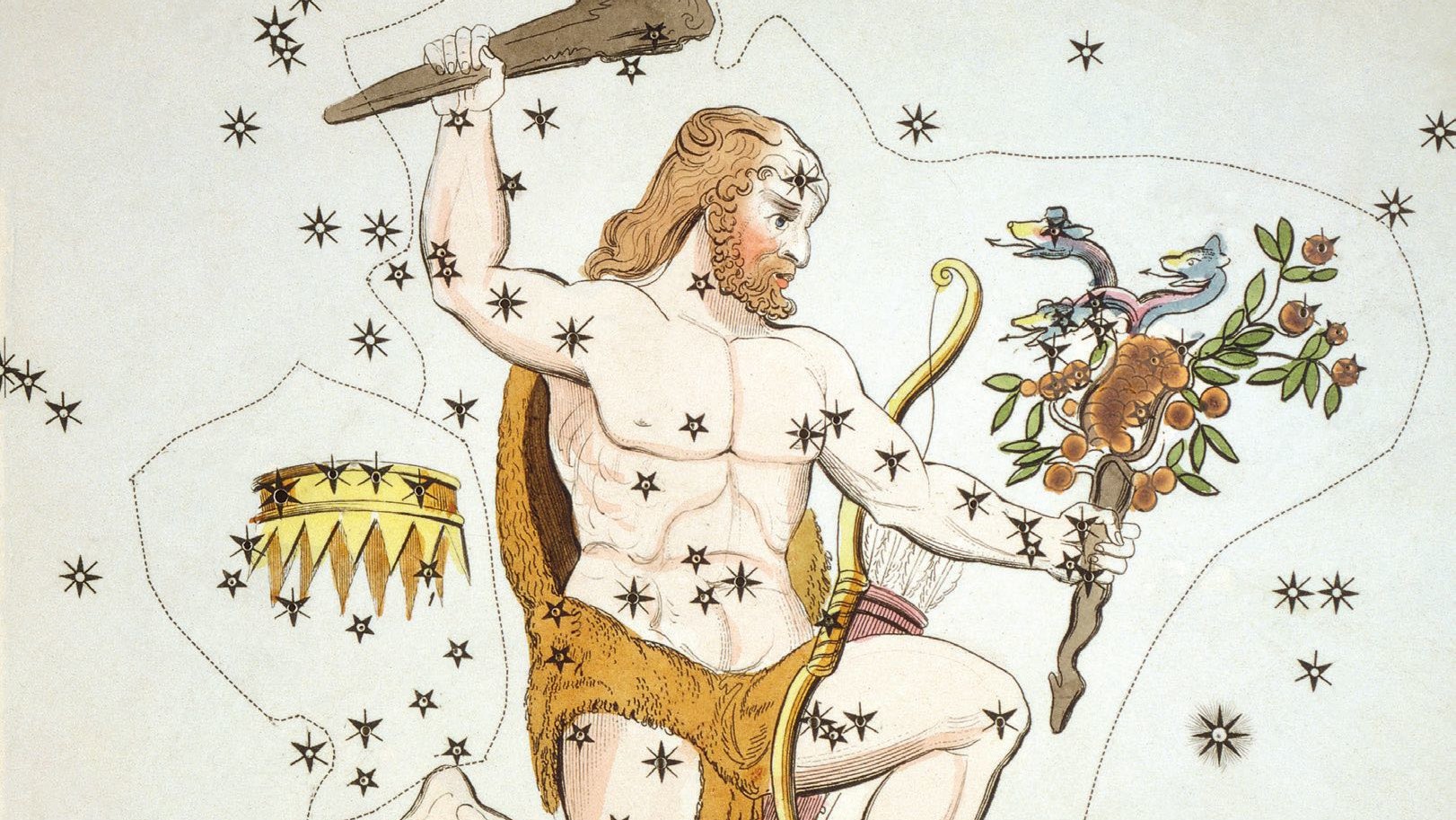 En las ilustraciones históricas, Hércules lleva un garrote en la mano, la piel de un león y las manzanas de oro robadas.