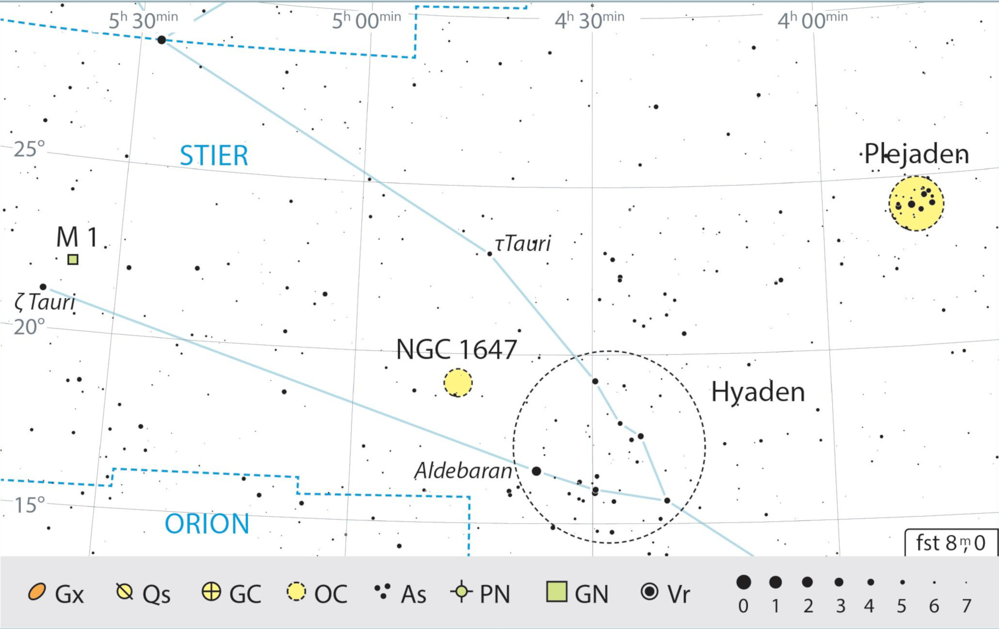 Mapa de la constelación de Tauro con recomendaciones de observación. J. Scholte